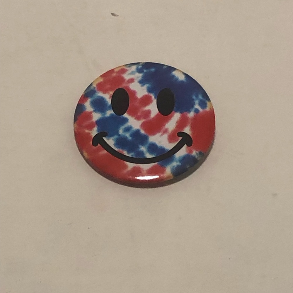 Tie-Dye Red & Blue Smiley Face Pin